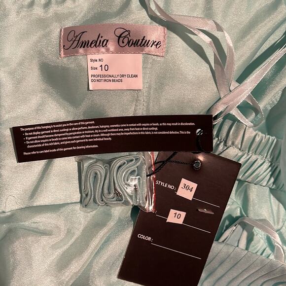 Amelia Couture Strapless Chiffon Gown Train Detail Blue Size 10 - Picture 13 of 14